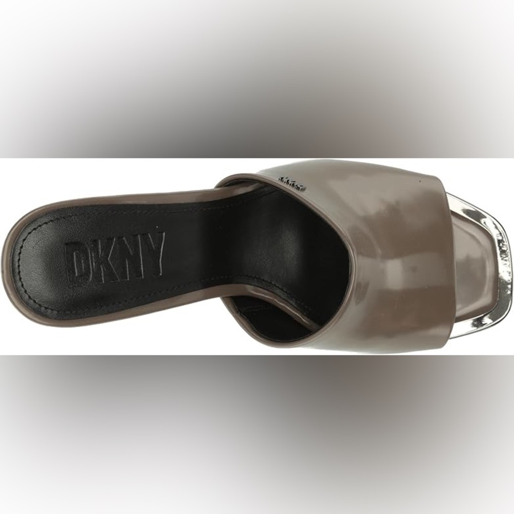 DKNY Taupe Patent Leather Square Toe Stiletto Mules Metallic Detail High Heels - Picture 3 of 14